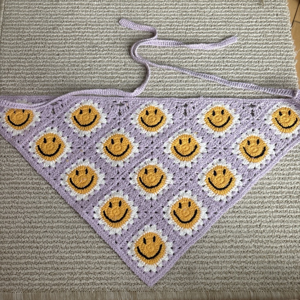 Crochet Headband Bandana Headscarf Boho Purple/yellow Smiley Face